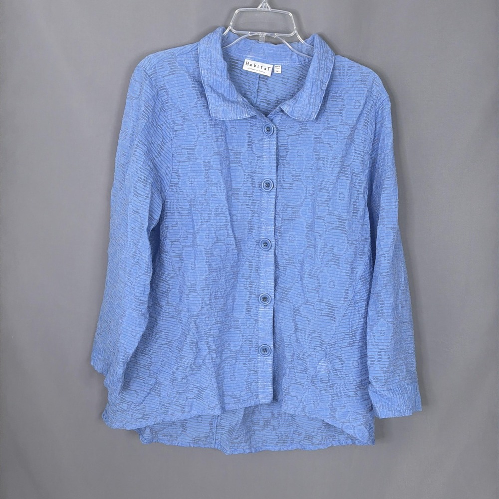 Habitat Top Womens XL Blue Tunic Semi-Sheer Textured Stripe Button Front Shirt